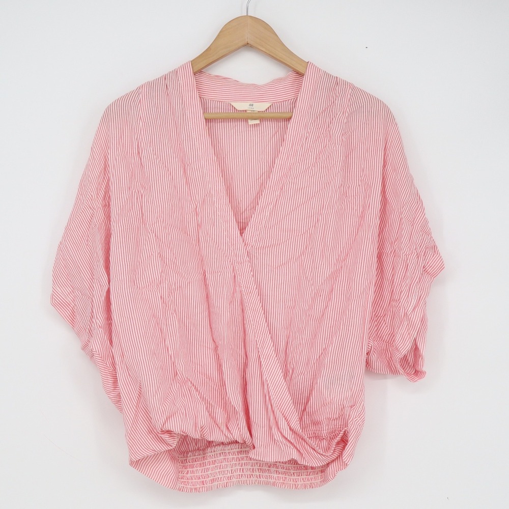 HM LOGG Pink White Striped Surplice Blouse Smocked Hem Dolman Sleeve Size 6